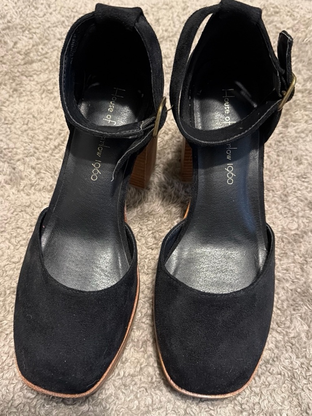 House of Harlow 1960 Black Suede Ankle-Strap Block Heel platform shoes